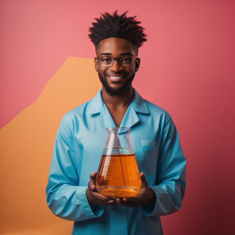 Chemist holding a large Erlenmeyer flask containing orange solution.